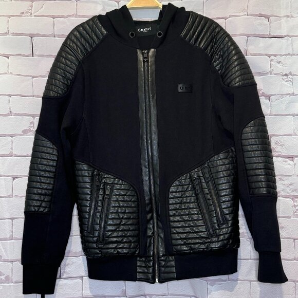 UNKUT Other - UNKUT Paris Men's Full-Zip Faux Leather/ 100% Cotton Med Black Hooded Sweatshirt